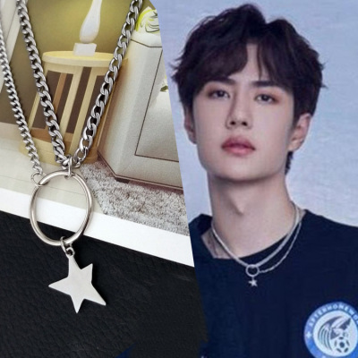 New Just Necklace Same Style as Wang Yibo Simple European and American Style Metal Pentagram Pendant Double-Layer Necklace for Men and Women