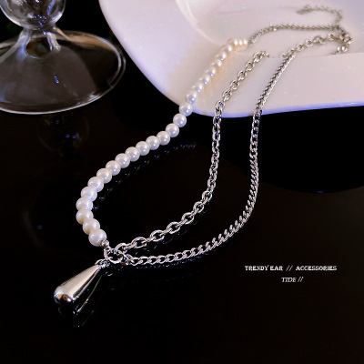 Blogger Recommended Asymmetric Design Pearl Titanium Steel Necklace Female Drop-Shaped Graceful and Fashionable Clavicle Chain