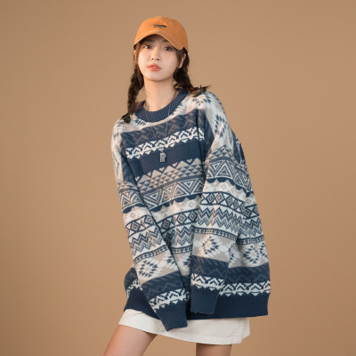 Women's Ethnic Style Knitwear Sweater Women's 2021 Winter New Japanese Loose Retro Jacquard Pattern Top