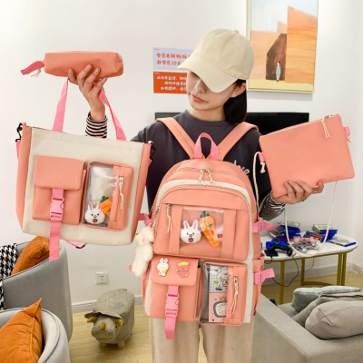 New Backpack Korean Style Medal High School Student Preppy Style Schoolbag Female Fashion Harajuku Style Backpack Four-Piece Set Manufacturer