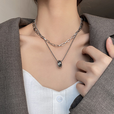 Titanium Steel European and American Double-Layer Chain Ring Necklace Men and Women Simple Graceful Special-Interest Design Couple Sweater Chain