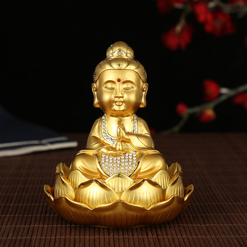 热款汽车摆件 金属莲花底小沙弥 镀金佛系莲花底车载合金香水座