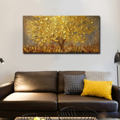 American Style Furnishings Pure Hand Drawing Oil Painting Gold Tree Hand Painted Thick Texture Knife Painting Cross-Border Hot Selling Canvas Painting Core Available Pictures