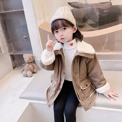 Girls' Fleece Trench Coat Autumn and Winter New Korean Style Baby Girls' Children Solid Color Large Pocket Fleece-Lined Mid-Length Coat