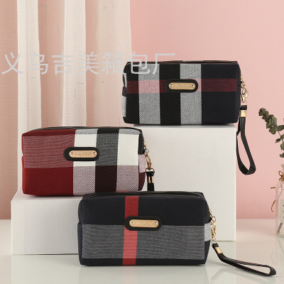 New Canvas Portable Cosmetic Bag Fashion Plaid Contrast Color Large Capacity Buggy Bag Travel Portable Cosmetic Bag