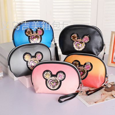 Travel Bag Clutch Cosmetic Bag Creative Sequins Mickey Handbag Fashion Leather Gradient Color out Storage Bag
