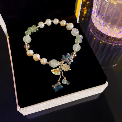 Crystal Zircon Pearl Bracelet Female Ins Popular Net Red Same Design Temperament Leaf Pendant Hand Jewelry