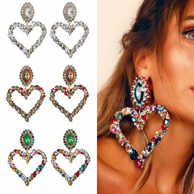 Best Seller in Europe and America Heart-Shaped Alloy Inlaid Color Diamond Retro Temperament Exaggerating Earrings Women's Fashion Fashionmonger Sparkling Full Rhinestone Earrings