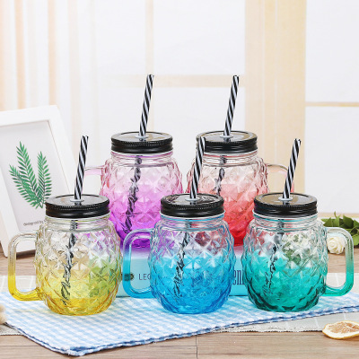 Wholesale Creative Mason Cup Color Gradient Glass Beverage Glass Cup Lid Straw Handle Cup Customizable Logo