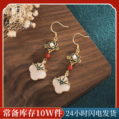 Internet Celebrity Same Retro Style National Fashion Clover Tassel Earrings Enamel Cloisonne Han Chinese Clothing Matching Earrings