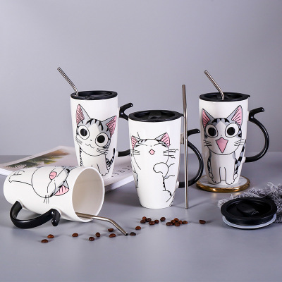 Creative Cute Cartoon Cute Cat Mug Large Capacity with Lid Straw Ceramic Cup Gift Good-looking Customized Wholesale