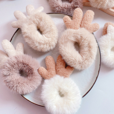 Autumn and Winter Cute Deer Horn Furry Milk Tea Color All-Match Hair Band Bun Headband Soft Plush Ears Headband for Women