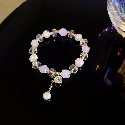 Trendy Copper Gold Electroplated Zircon Square Diamond Pendant Bracelet Women's Super Flash Pearl Crystal Bracelet