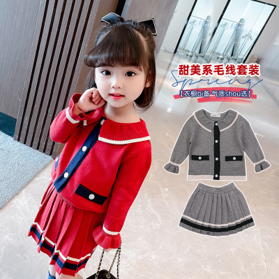 Children's Clothing Wholesale 2021 Autumn Girl's Knitted Shirt Short Skirt Two-Piece Se283 Children Children's Suit