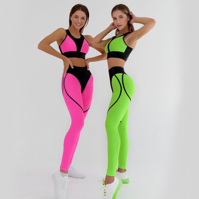 European and American New Sports Stitching Hip Fitness Suit High Waist Package Hip Tight Two-Piece Set Quick-Drying Yoga Suit Women