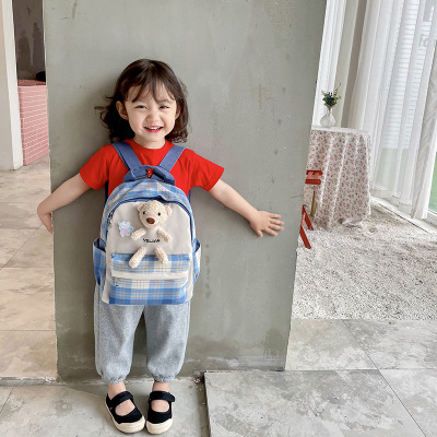 Children's Bag Female Fashion Bear Backpack Korean Cute Baby Plaid Kindergarten Backpack Travel Small Bookbag