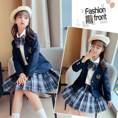 Children's JK Uniform Suit Full Set Girls' Autumn and Winter College Style Three-Piece Plaid Pleated Skirt Suit Jacket New