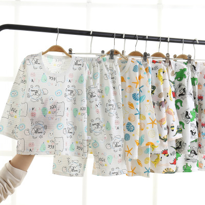 Children's Pajama Set Summer New Boys' Air Conditioning Clothes Cotton Girls' Home Wear Long Sleeve Thin Korean Style Children's Clothing