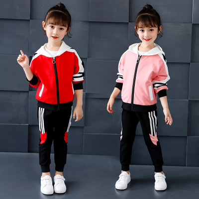 Girls' Suit 2021 New Autumn Clothes Western Style Student Clothes Middle and Big Children Exercise Hooded Coat Trousers Two-Piece Suit