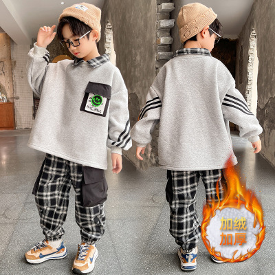 New Children's Clothing Autumn Middle and Big Children's Sportswear Boys Fleece-Lined Suit 2021 Autumn and Winter Children's Thickened Two-Piece Suit