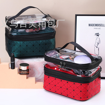 Double-Layer Cosmetic Bag Box Plaid Portable Women's Bag Makeup Artist Multi-Functional Storage Washing and MakeupBagBag