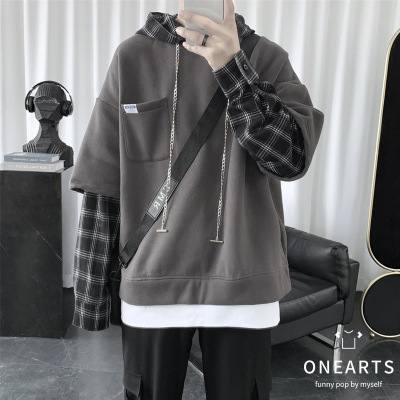 Sweater Men's Hooded Fall Korean Trend Ins Hong Kong Style Top Loose Couple Clothes Men's False Two Pieces Coat