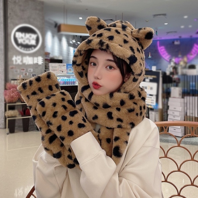 New Multi-Functional Three-in-One Scarf Thick Winter Warm Leopard Point All-Match Plush Scarf Cute Korean Style HTT