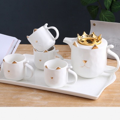 Personalized Crown Cat Drinking Ware European Style Ceramic Water Set Drinking Ware Water Cup Kettle Set Heat-Resistant Tea Cup Teapot Cold Water Pitcher