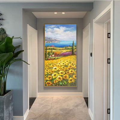 Hallway Hand-Painted Decorative Painting Sunflower Vertical Hand-Painted Three-Dimensional Oil Painting Hotel Mural Corridor and Aisle Painting