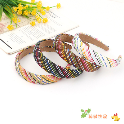 Fashionable Pastoral Woven Headband Women's Colorful Striped Straw Sponge Non-Slip Headband Hair Accessories Internet Celebrity All-Match Headdress