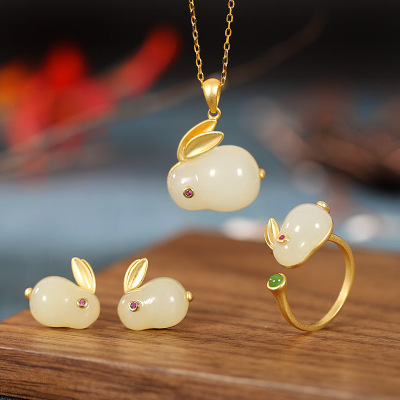 Yuexin S925 Silver Necklace Gold Plated Hotian Jade Pendant Cute and Graceful Jade Hare Women's Stud Earrings/Bracelets Ring Set