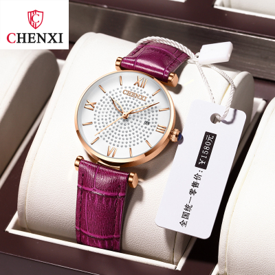 Chenxi Gypsophila Watch Women's Shake Sonic Boom Same Style Leather Waterproof Calendar Quartz Watch Student Belt Watch