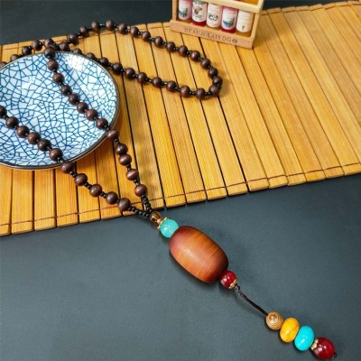 2021 New Retro Ethnic Style Wooden Bead Necklace Cotton and Linen Clothing Accessories Pendant Men's and Women's Long Sweater Chain
