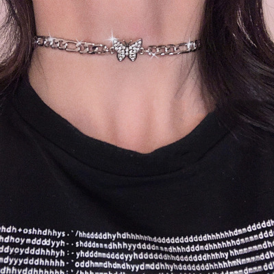 Personalized Ins Style Stainless Steel Chain Rhinestone Butterfly Slimming Clavicle Chain Choker Necklace Female Online Influencer Same Fashion