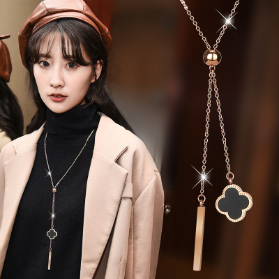 Factory Direct Sales Autumn/Winter Japanese and Korean Double-Sided Clover Tassel Necklace Internet Celebrity Same Style High-End All-Match Sweater Chain Wholesale