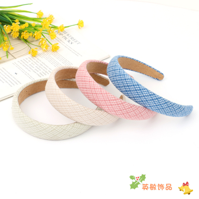 Korean Style New Preppy Style Plaid Pattern Fabric Headband Girl's Fashion Personality Headband Headdress Cross-Border Supply