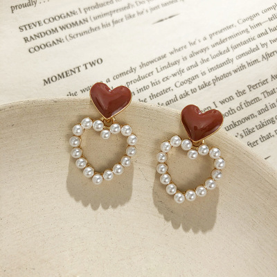 Sterling Silver Needle Korean Hollow Heart-Shaped Earrings Pearl Sweet Temperamental Earrings Oil Drop Peach Heart Stud Earrings Factory Wholesale