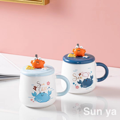 Hot Selling Cartoon Ceramic Cup Creative Crab Mug with Cover with Spoon Coffee Cup Cute Water Glass