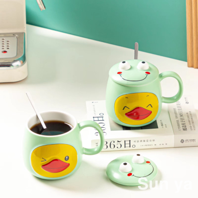 Hot Selling Cartoon Ceramic Cup Little Frog Mug with Cover with Spoon Coffee Cup Office Water Glass Gift Cup