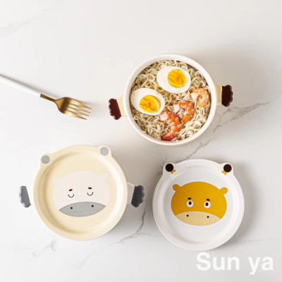 Hot Sale Cartoon Porcelain Instant Noodle Bowl Double-Ear Noodle Bowl with Lid Fruit Bowl