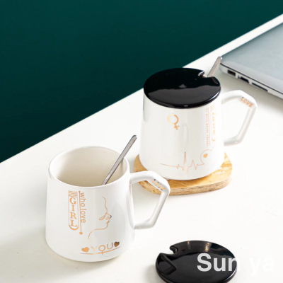 Hot Sale Simple Black and White Ceramic Cup with Cover with Spoon Couple's Cups Creative Coffee Cup Casual Mug Water Cup