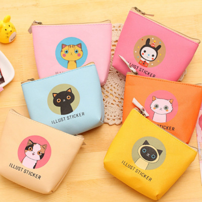 New Cartoon Cat Waterproof Pu Hand Wallet Storage Bag Zipper Earphone Bag Women's Mini Purse Coin Bag
