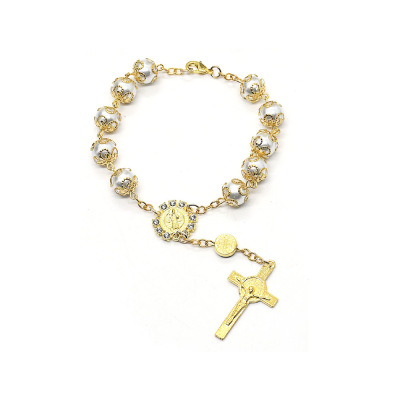 E-Commerce Hot Sale Gold Pearls Strap Receptacle Bracelet Cross Catholic Beads Bracelet String Beads Bracelet Jesus