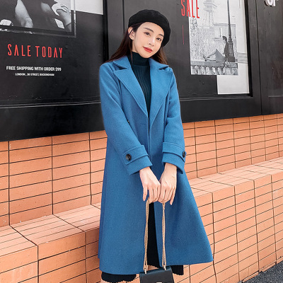 Cross-Border Spot Woolen Coat Women's Mid-Length Korean Style 2021 Autumn and Winter Haze Blue Double-Breasted Woolen Coat Women's Fashion