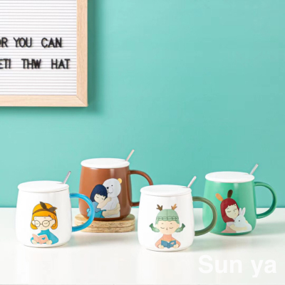 Hot Sale Cartoon Porcelain Cup Creative Glass with Cover with Spoon Coffee Cup Cute Mug