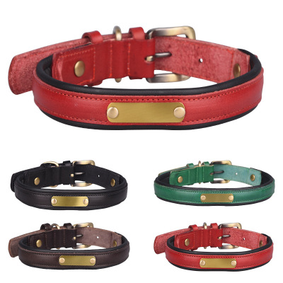 Top Layer Leather Pet Collar Stainless Steel Lettering Dog Collar Medium and Large Dog Leash Amazon Hot Sale