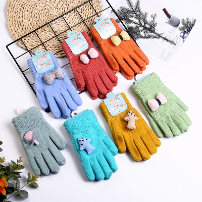New Products In Stock Twill Autumn And Winter Finger Gloves Anti-Freezing Thickened Double-Layer Jacquard Stripe Warm Gloves