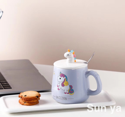 Hot Selling Cartoon Hand Drawn Unicorn Ceramic Cup with Cover with Spoon Coffee Cup Creative Mug Office Water Glass