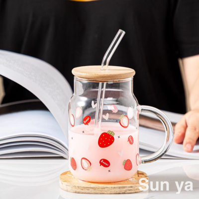 Hot Selling Fruit Pattern Heat-Resistance Glass Milk Breakfast Cup Fruit Teas Beverage Cup Coffee Cup Creative Glass