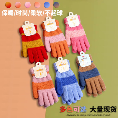 Factory in Stock Twill Thickened Winter Anti-Freezing Finger Gloves Double Jacquard Striped Student Children Warm Gloves